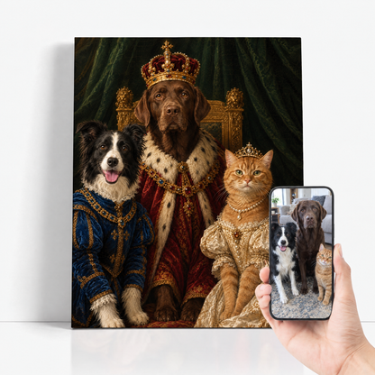 The Royal Pet Family before and after: customer pet photo beside the finished custom pet portrait