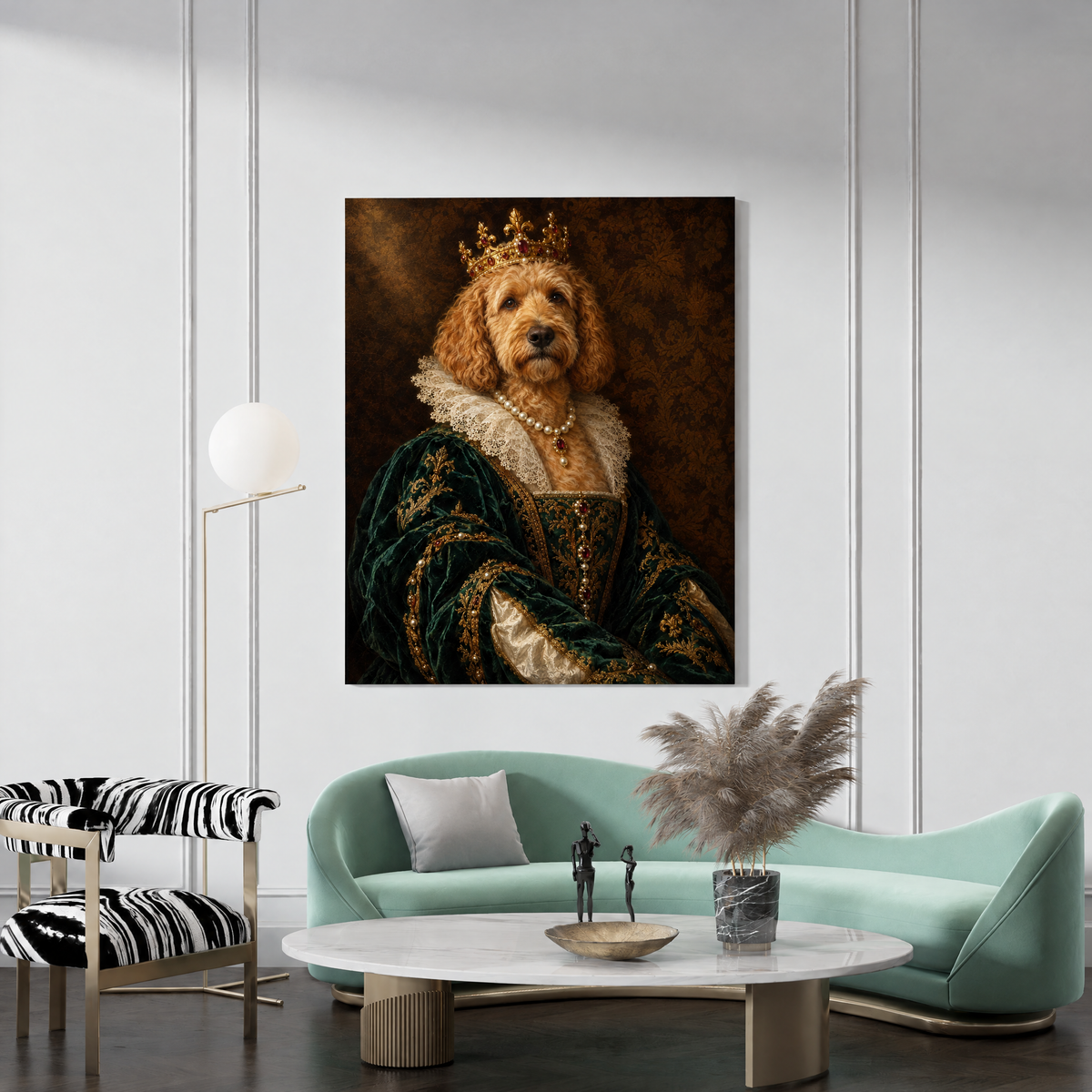 The Pet Empress custom dog portrait canvas hanging in a living room