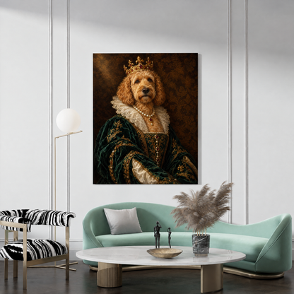 The Pet Empress custom dog portrait canvas hanging in a living room