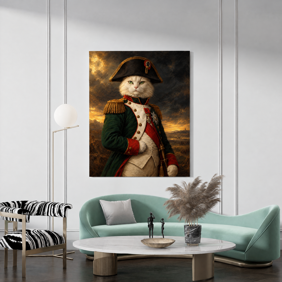 The Cat Napoleon custom cat portrait canvas hanging in a living room