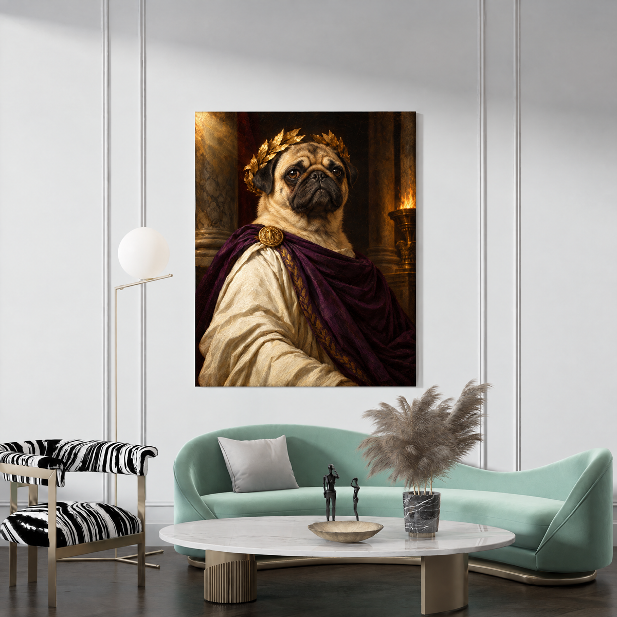 The Pet Emperor custom dog portrait canvas hanging in a living room