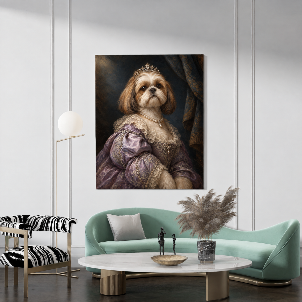 The Dog Princess custom dog portrait canvas hanging in a living room