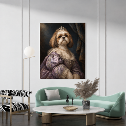 The Dog Princess custom dog portrait canvas hanging in a living room