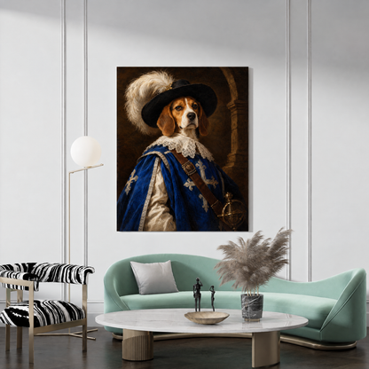 The Pet Musketeer custom dog portrait canvas hanging in a living room