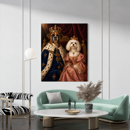 The Royal Dog Couple custom dog portrait canvas hanging in a living room