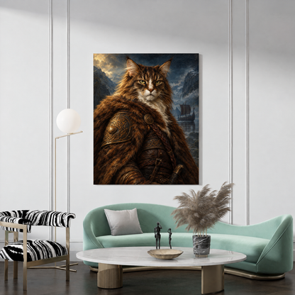 The Cat Viking custom cat portrait canvas hanging in a living room