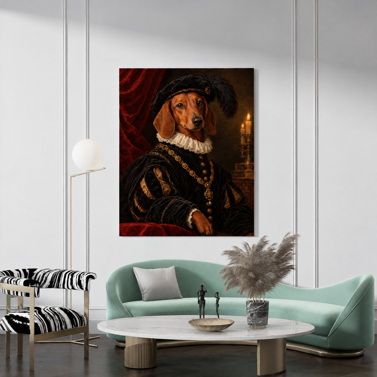 The Pet Lord custom dog portrait canvas hanging in a living room