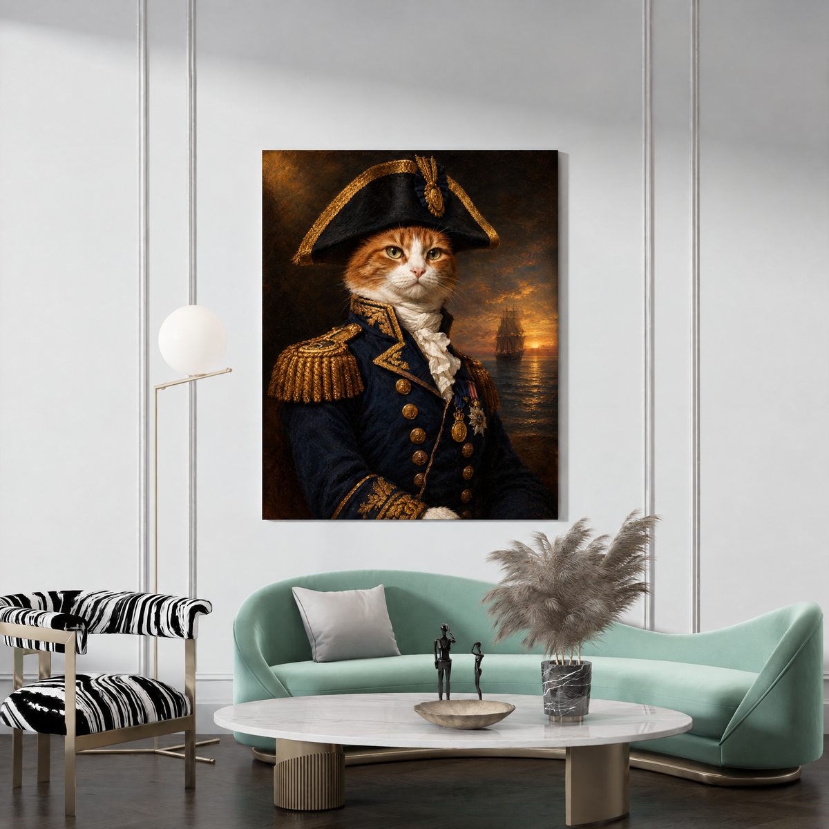 The Cat Admiral custom cat portrait canvas hanging in a living room