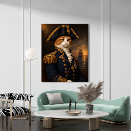 The Cat Admiral custom cat portrait canvas hanging in a living room