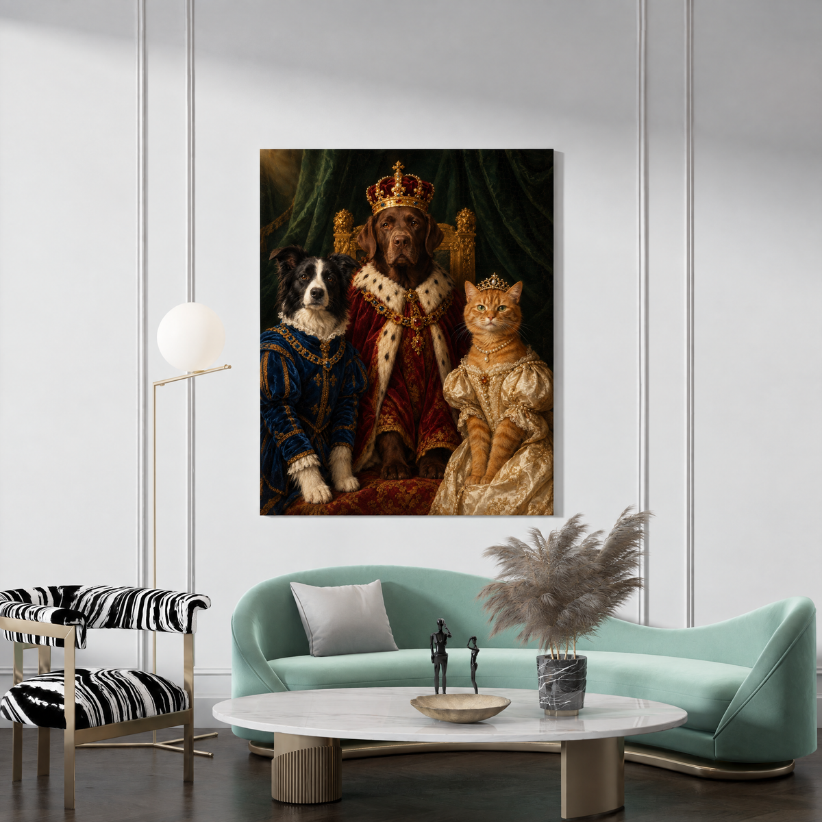 The Royal Pet Family custom pet portrait canvas hanging in a living room