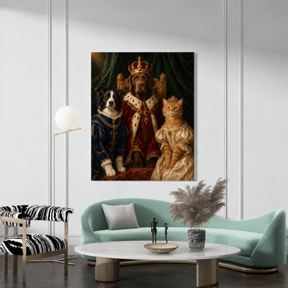 The Royal Pet Family custom pet portrait canvas hanging in a living room