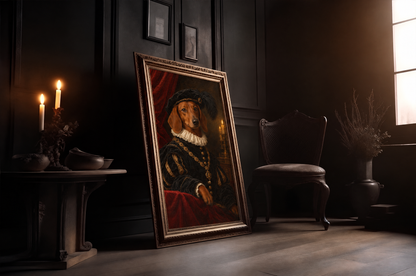 The Pet Lord custom dog portrait in a gold frame in a candlelit room