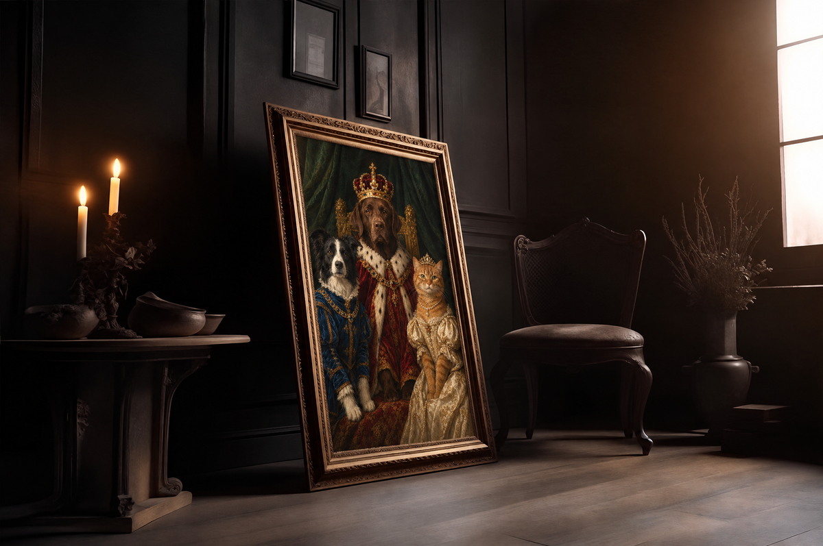 The Royal Pet Family custom pet portrait in a gold frame in a candlelit room