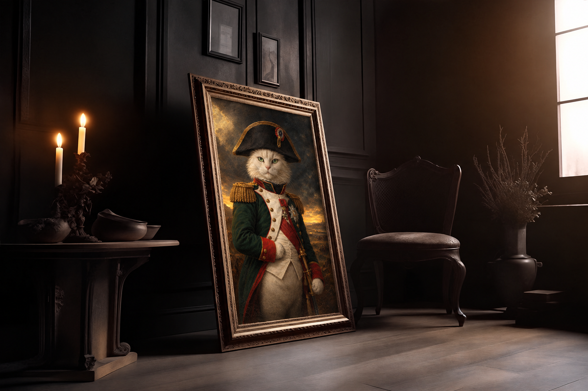 The Cat Napoleon custom cat portrait in a gold frame in a candlelit room