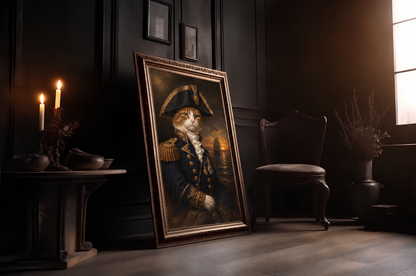 The Cat Admiral custom cat portrait in a gold frame in a candlelit room
