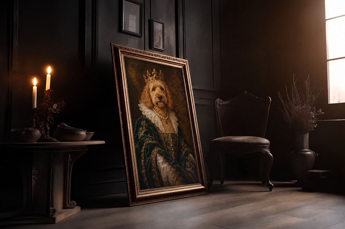 The Pet Empress custom dog portrait in a gold frame in a candlelit room