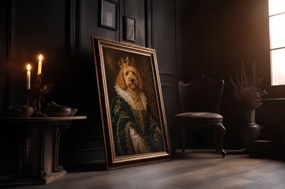 The Pet Empress custom dog portrait in a gold frame in a candlelit room