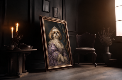 The Dog Princess custom dog portrait in a gold frame in a candlelit room