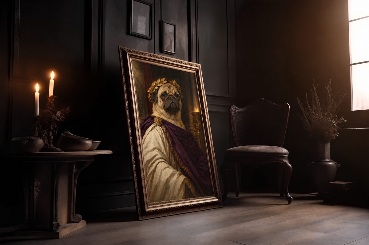 The Pet Emperor custom dog portrait in a gold frame in a candlelit room