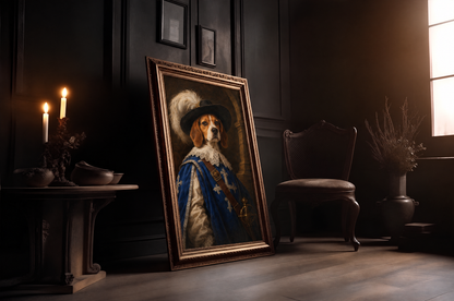 The Pet Musketeer custom dog portrait in a gold frame in a candlelit room