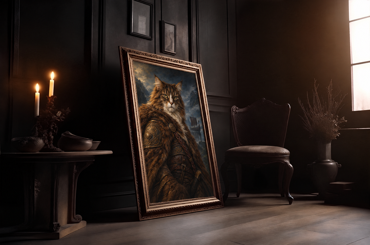 The Cat Viking custom cat portrait in a gold frame in a candlelit room