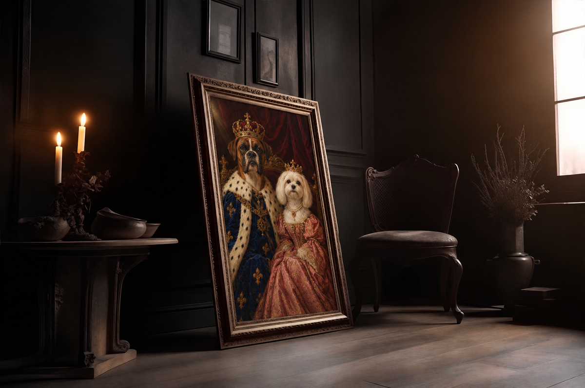 The Royal Dog Couple custom dog portrait in a gold frame in a candlelit room