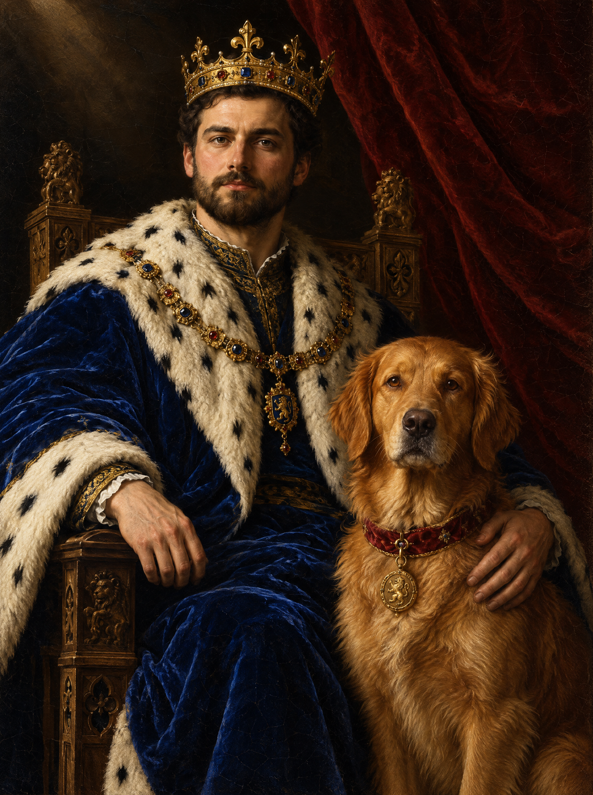Add your pet to your royal portrait: king portrait with his dog painted beside him