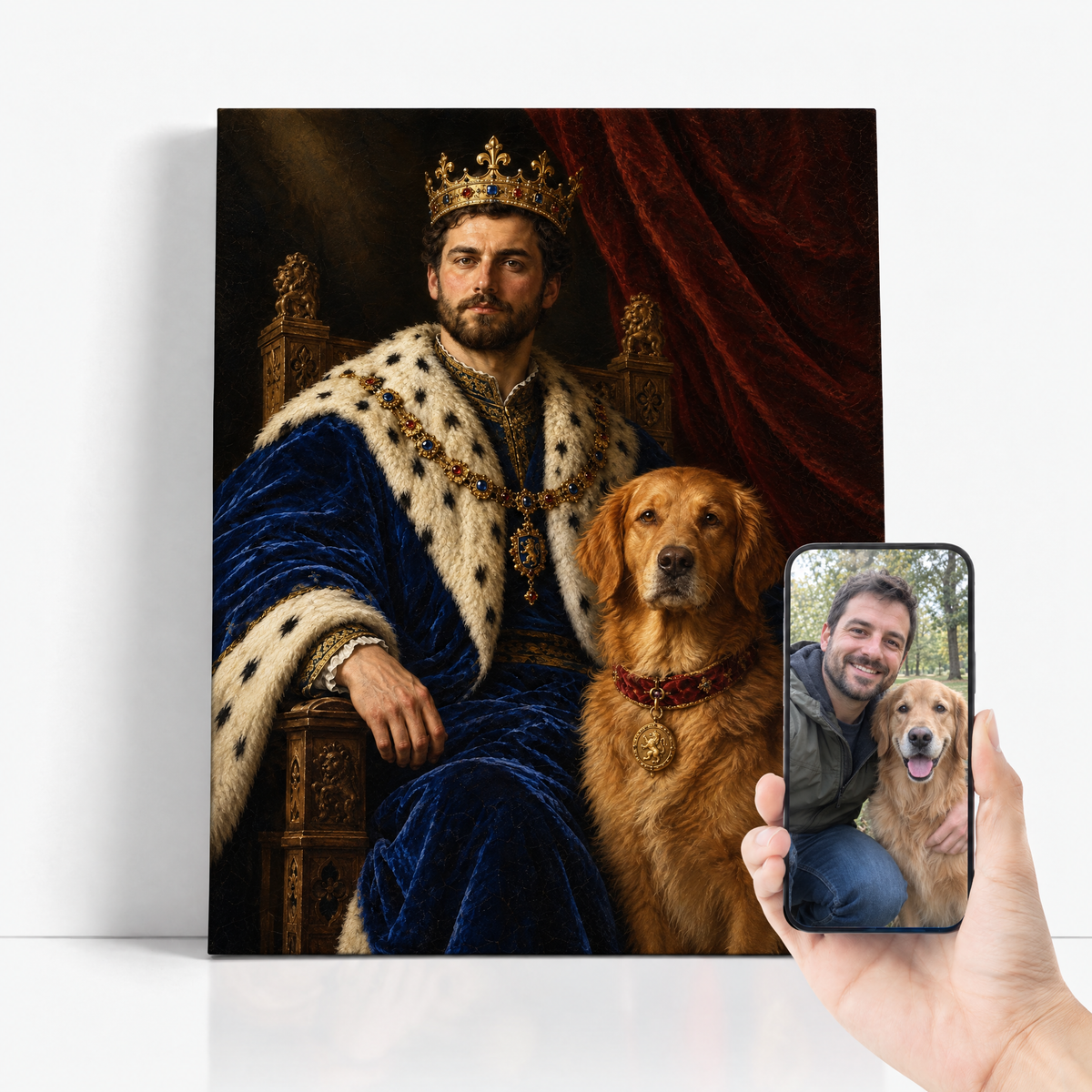 The King & His Pet before and after: customer photo with his dog beside the finished royal portrait