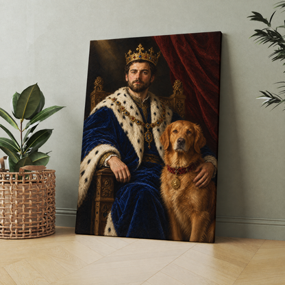The King & His Pet custom pet and owner portrait printed on canvas, personalized gift for pet lovers