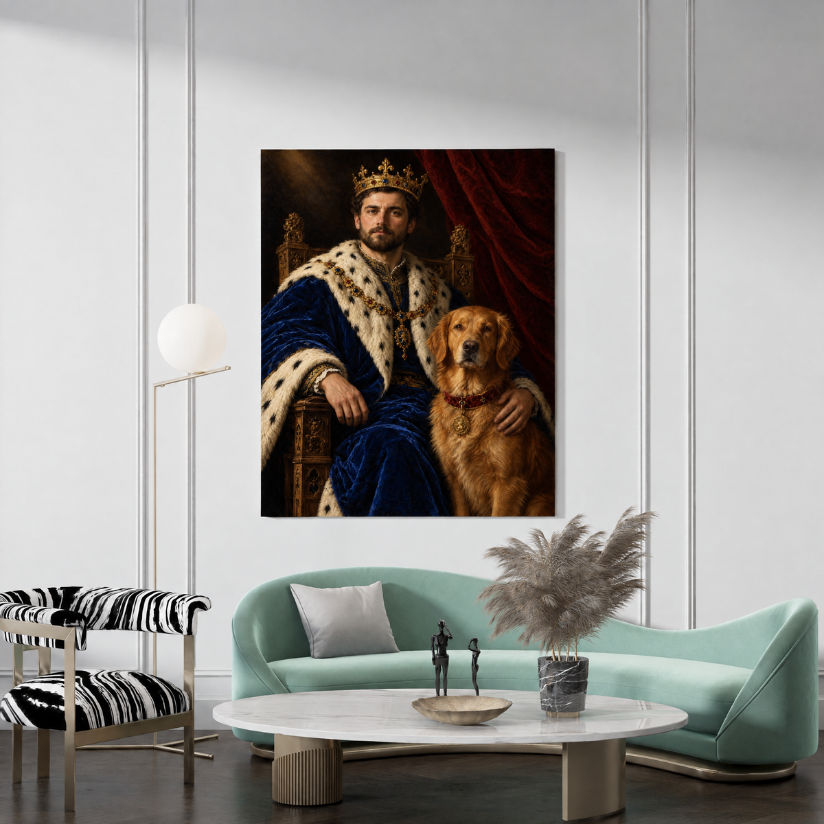 The King & His Pet custom pet and owner portrait canvas hanging in a living room