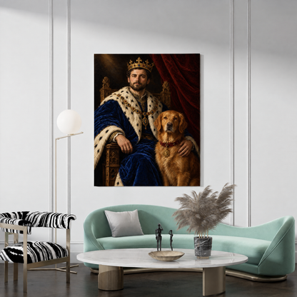 The King & His Pet custom pet and owner portrait canvas hanging in a living room