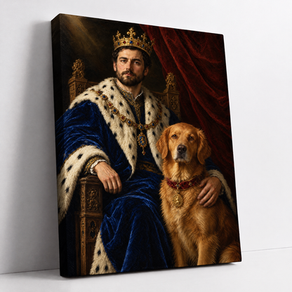The King & His Pet – custom royal portrait of a man as a king with his dog, made from your photo