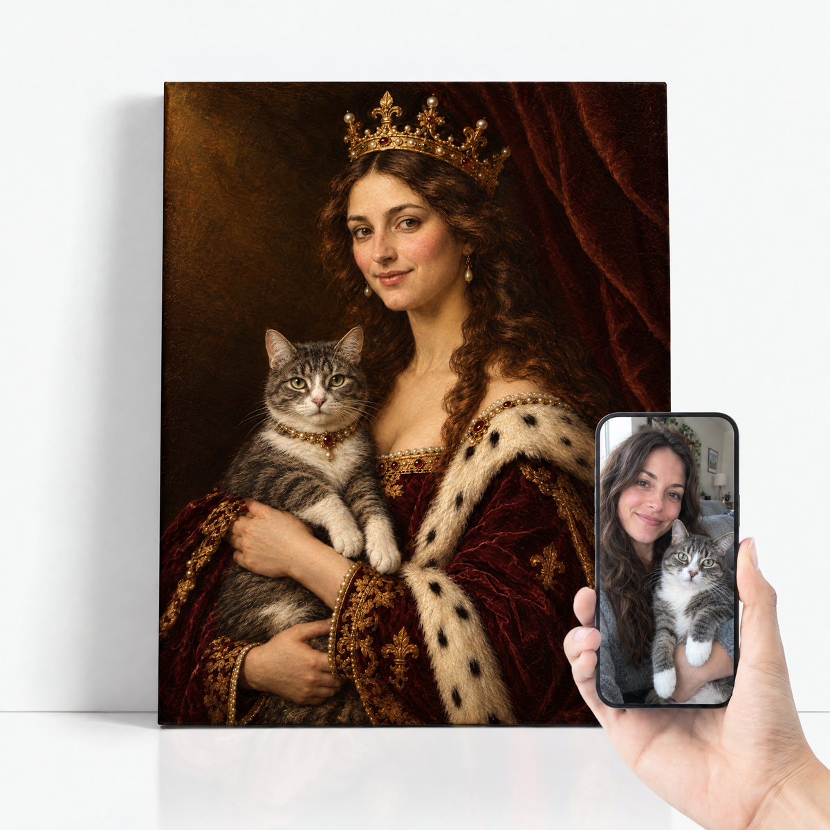 The Queen & Her Pet before and after: customer photo with her cat beside the finished royal portrait