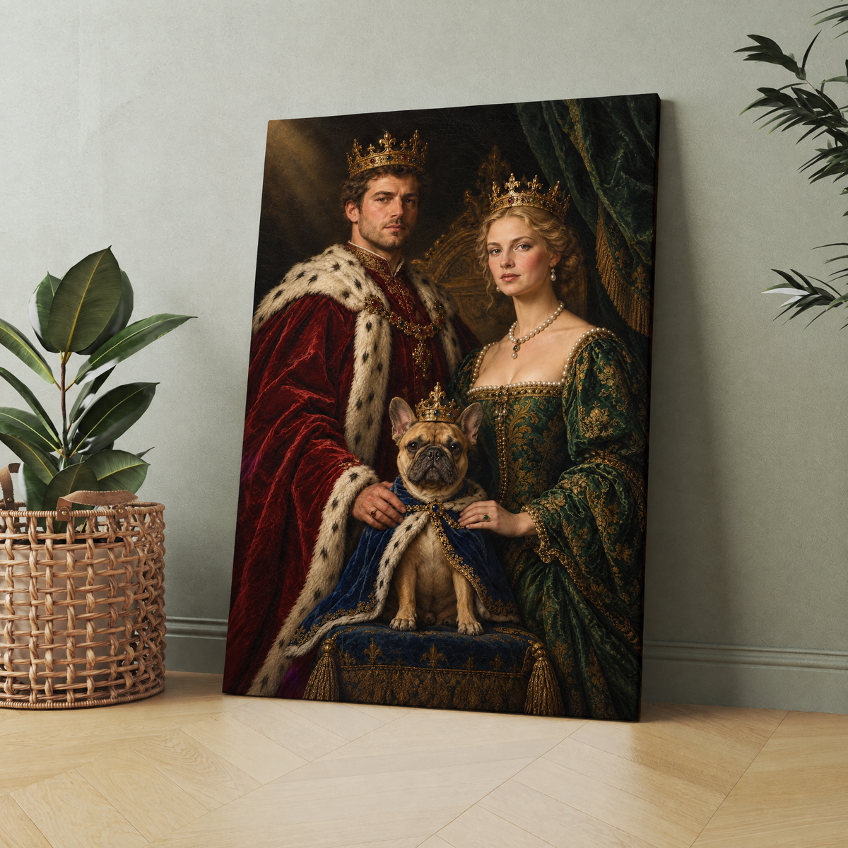 The Royal Family with Pet custom couple and pet portrait printed on canvas, personalized gift for pet lovers