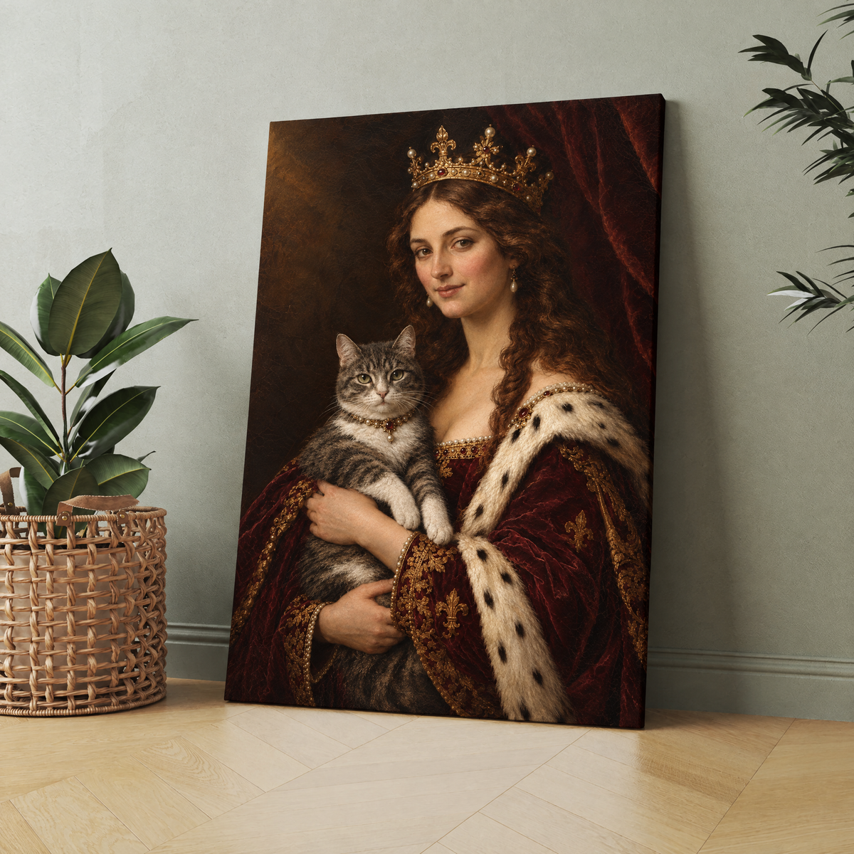 The Queen & Her Pet custom pet and owner portrait printed on canvas, personalized gift for pet lovers