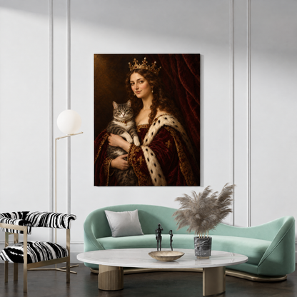 The Queen & Her Pet custom pet and owner portrait canvas hanging in a living room