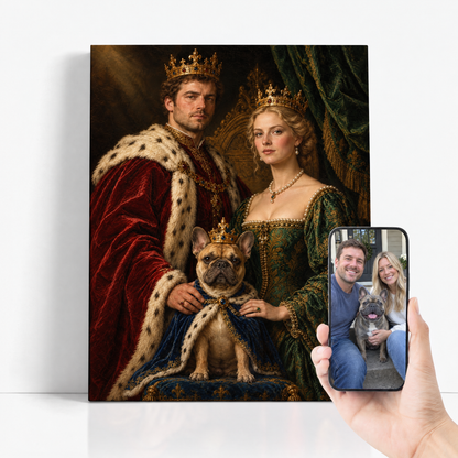 The Royal Family with Pet before and after: couple photo with their dog beside the finished royal portrait