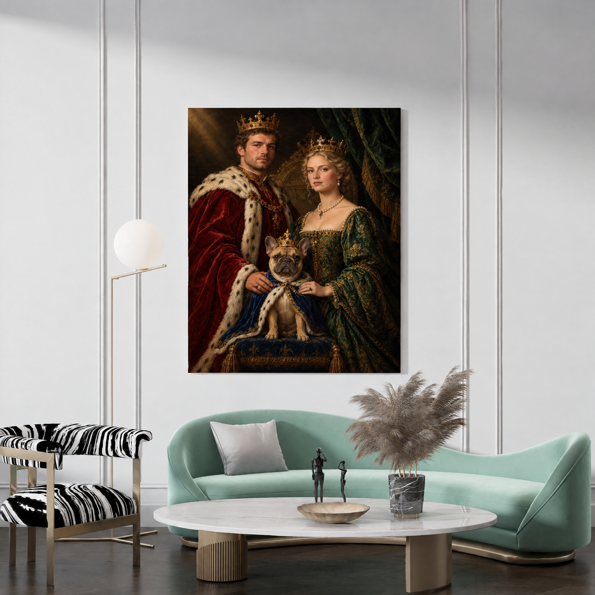 The Royal Family with Pet custom couple and pet portrait canvas hanging in a living room