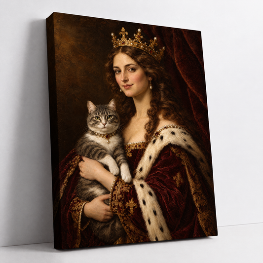 The Queen & Her Pet – custom royal portrait of a woman as a queen holding her cat, made from your photo