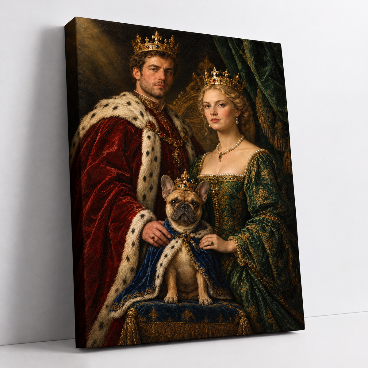 The Royal Family with Pet – custom royal portrait of a couple as king and queen with their dog, made from your photos