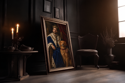 The King & His Pet custom pet and owner portrait in a gold frame in a candlelit room