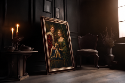 The Royal Family with Pet custom couple and pet portrait in a gold frame in a candlelit room