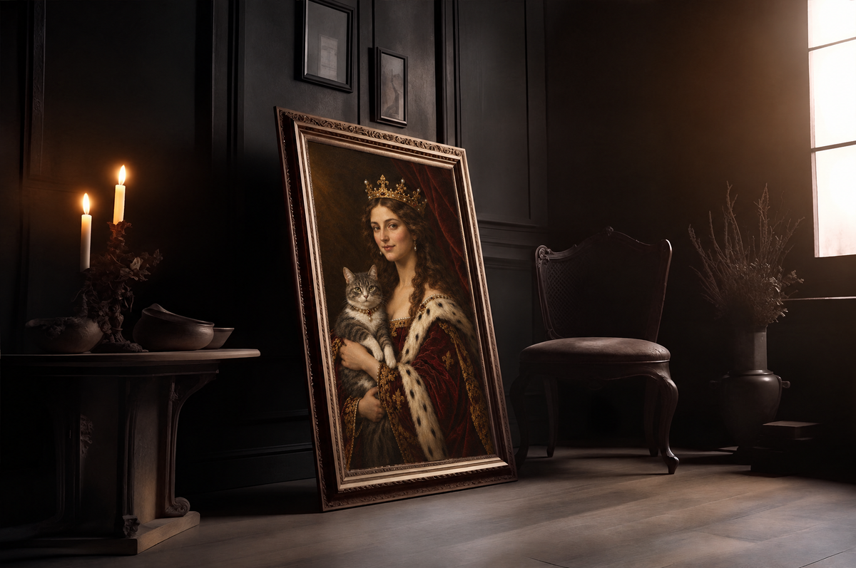 The Queen & Her Pet custom pet and owner portrait in a gold frame in a candlelit room