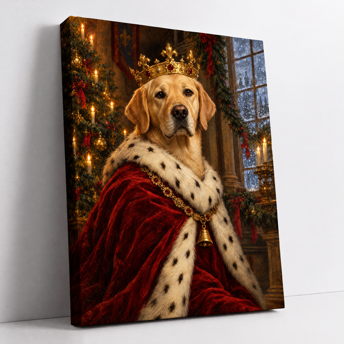 The Christmas Pet King – custom royal Christmas pet portrait from your photo, Labrador in a crown and red velvet robe