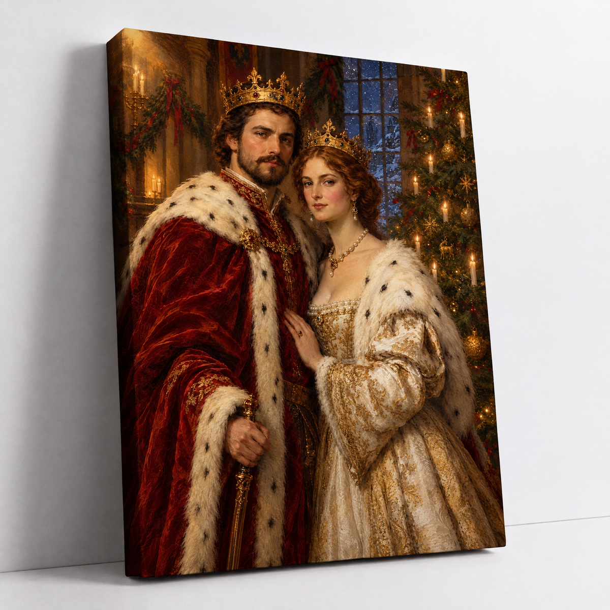 The Christmas King & Queen – custom royal couple Christmas portrait beside a candlelit tree, made from your photo