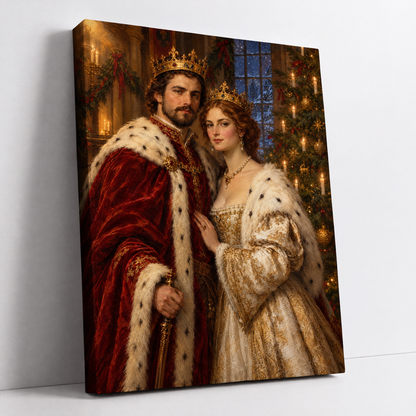 The Christmas King & Queen – custom royal couple Christmas portrait beside a candlelit tree, made from your photo