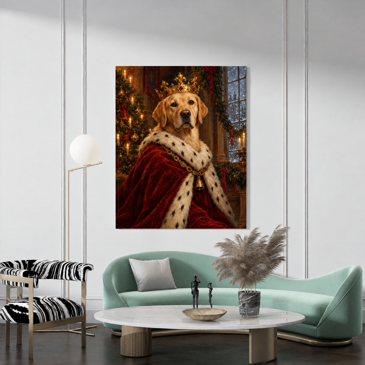 The Christmas Pet King custom pet portrait canvas hanging in a living room