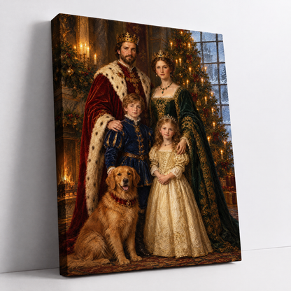 The Royal Christmas Family – custom royal family Christmas portrait with two children and a dog, made from your photos