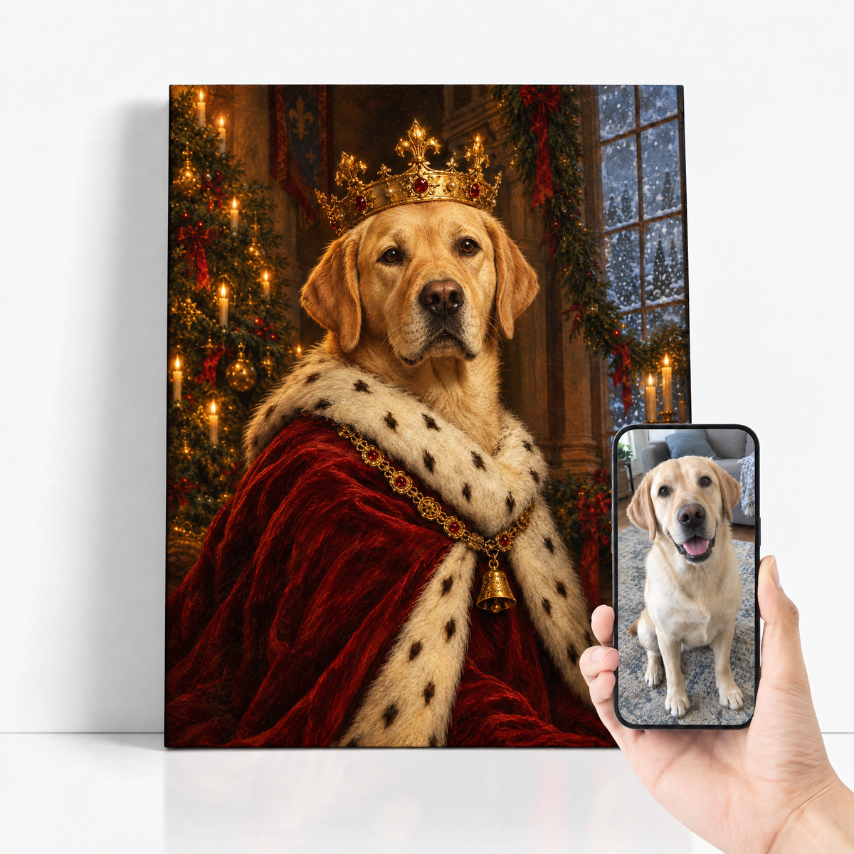 The Christmas Pet King before and after: customer dog photo beside the finished Christmas pet portrait