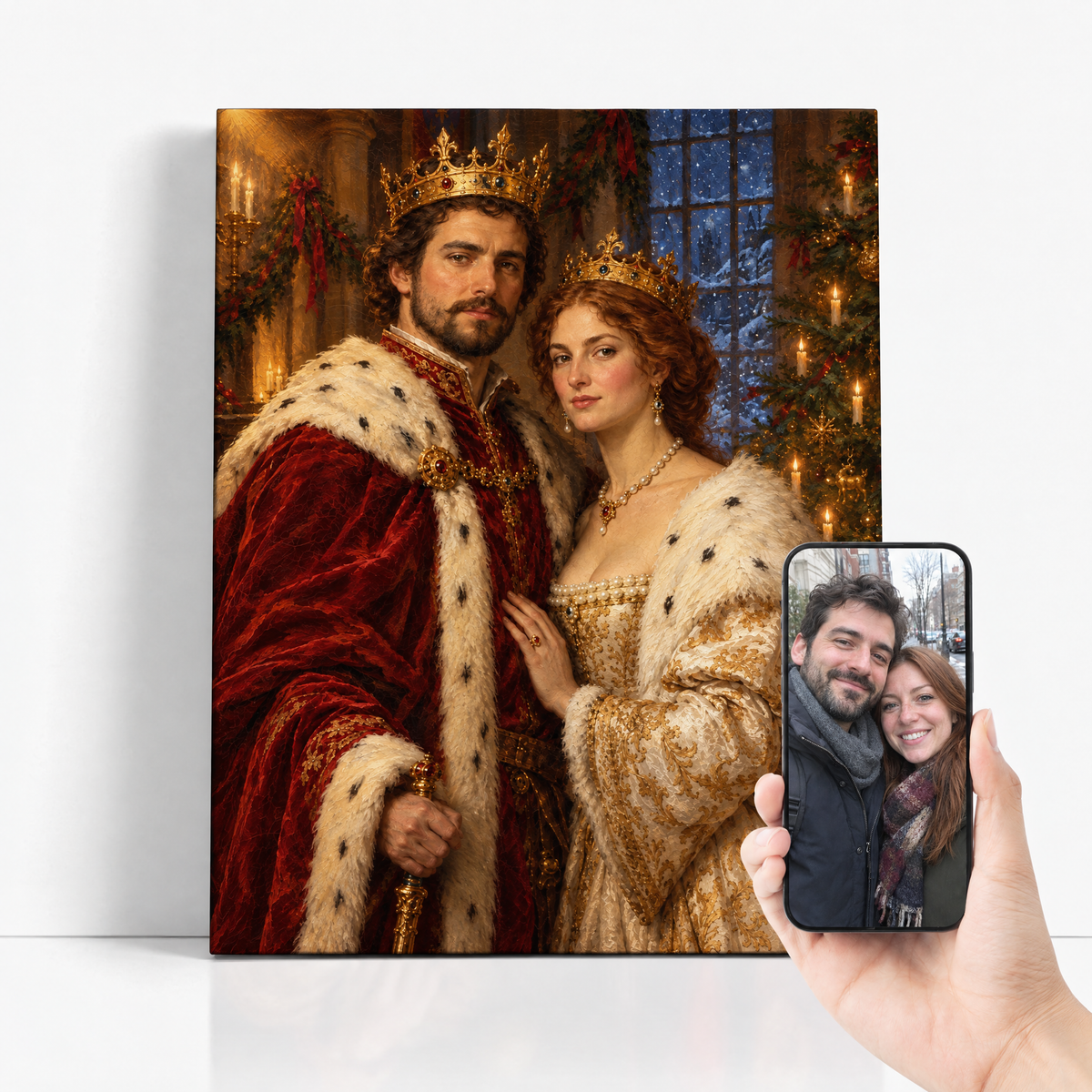 The Christmas King & Queen before and after: couple photo beside the finished royal Christmas portrait